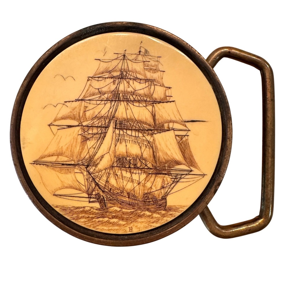 BTS 1978 Solid Brass Scrimshaw Ship Belt Buckle Made in USA Nautical Vintage